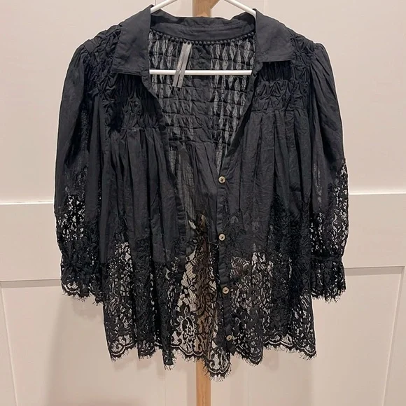 Anthropologie Black Lace Button-Up Top - Picture 1 of 3